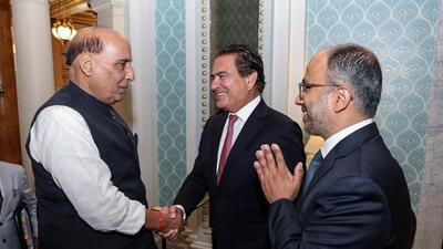 Defence Minister Rajnath Singh interacts with the senior leaders of the US defence industry after their round-table meeting, in Washington on Friday. (PIB) Defence Minister Rajnath Singh interacts with the senior leaders of the US defence industry after their round-table meeting, in Washington on Friday. (PIB)