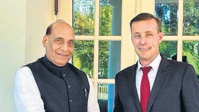 Defence Minister Rajnath Singh with US National Security Adviser Jake Sullivan, in Washington, on Friday. (ANI) Defence Minister Rajnath Singh with US National Security Adviser Jake Sullivan, in Washington, on Friday. (ANI)
