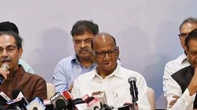 Former Maharashtra chief minister and Shiv Sena (Uddhav Balasaheb Thackeray) chief Uddhav Thackeray along with NCP (Sharadchandra Pawar) chief Sharad Pawar, Congress leader Prithviraj Chavan in Mumbai. (ANI) Former Maharashtra chief minister and Shiv Sena (Uddhav Balasaheb Thackeray) chief Uddhav Thackeray along with NCP (Sharadchandra Pawar) chief Sharad Pawar, Congress leader Prithviraj Chavan in Mumbai. (ANI)
