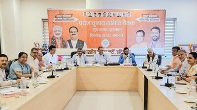 Haryana BJP president Pandit Mohan Lal Badoli, Chief Minister Nayab Singh Saini, Union Minister Dharmendra Pradhan and senior BJP leaders during the state election committee meeting at BJP’s Gurukamal office in Gurugram on Friday. (HT PHOTO) Haryana BJP president Pandit Mohan Lal Badoli, Chief Minister Nayab Singh Saini, Union Minister Dharmendra Pradhan and senior BJP leaders during the state election committee meeting at BJP’s Gurukamal office in Gurugram on Friday. (HT PHOTO)