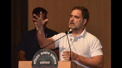 Rahul Gandhi addressing the Samvidhan Samman Sammelan at AMA auditorium in Prayagraj on Saturday. (HT) Rahul Gandhi addressing the Samvidhan Samman Sammelan at AMA auditorium in Prayagraj on Saturday. (HT)