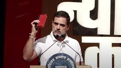 Rahul Gandhi speaks at the 'Samvidhan Samman Sammelan' in Prayagraj, (HT Photo) Rahul Gandhi speaks at the 'Samvidhan Samman Sammelan' in Prayagraj, (HT Photo)