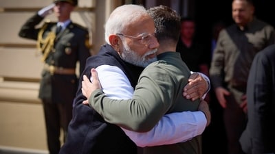 Prime Minister Narendra Modi greets Ukrainian President Volodymyr Zelensky in Kyiv on August 23, 2024. (Ukrainian Presidential Press Office via AP)