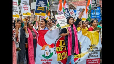 Thiruvananthapuram: Mahila Congress activists stage a protest demanding a case against the perpetrators named in the Hema Committee report, Thiruvananthapuram, Wednesday, Aug. 21, 2024. (PTI Photo) (PTI) Thiruvananthapuram: Mahila Congress activists stage a protest demanding a case against the perpetrators named in the Hema Committee report, Thiruvananthapuram, Wednesday, Aug. 21, 2024. (PTI Photo) (PTI)