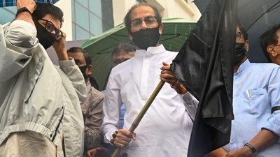 Shiv Sena-UBT chief Uddhav Thackeray led the protest at Shiv Sena Bhavan in Dadar. (Raju Shinde) Shiv Sena-UBT chief Uddhav Thackeray led the protest at Shiv Sena Bhavan in Dadar. (Raju Shinde)