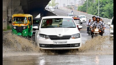 Waterlogging at Ferozepur Road after rain in Ludhiana on Saturday, August 24, 2024. (Manish/Hindustan Times)