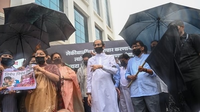 Badlapur sexual abuse case: Shiv Sena (UBT) chief Uddhav Thackeray protesting against Badlapur incident in Thane on Saturday. (Raju Shinde/HT photo) Badlapur sexual abuse case: Shiv Sena (UBT) chief Uddhav Thackeray protesting against Badlapur incident in Thane on Saturday. (Raju Shinde/HT photo)
