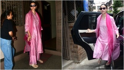 Alia Bhatt's pink Chanderi silk kurta set is a summer dream. It is the perfect ensemble for working weekdays and brunch weekends with your best friends. Alia wore it with an ombre dupatta, Gucci sunglasses, Kolhapuri-style pencil heels, jhumkis, and minimal glam. (HT Photo/Varinder Chawla) Alia Bhatt's pink Chanderi silk kurta set is a summer dream. It is the perfect ensemble for working weekdays and brunch weekends with your best friends. Alia wore it with an ombre dupatta, Gucci sunglasses, Kolhapuri-style pencil heels, jhumkis, and minimal glam. (HT Photo/Varinder Chawla)
