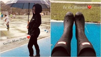 Kareena Kapoor attended her kids' soccer game in a stylish black Prada jacket, matching tights, and calf-length boots. Her outfit is the perfect style inspiration for moms who don't know what to wear to their child's school. (Instagram) Kareena Kapoor attended her kids' soccer game in a stylish black Prada jacket, matching tights, and calf-length boots. Her outfit is the perfect style inspiration for moms who don't know what to wear to their child's school. (Instagram)