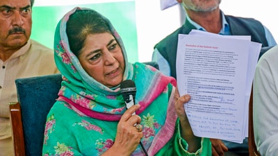 Peoples Democratic Party (PDP) President Mehbooba Mufti during the release of the party's election manifesto ahead of the state assembly elections, in Srinagar, Saturday, Aug. 24, 2024. (PTI) Peoples Democratic Party (PDP) President Mehbooba Mufti during the release of the party's election manifesto ahead of the state assembly elections, in Srinagar, Saturday, Aug. 24, 2024. (PTI)