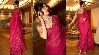 Priyanka Chopra attended her brother's wedding festivities in Mumbai. For the celebrations, she wore a pink chiffon saree and spaghetti-strap bralette custom-designed by Manish Malhotra. She styled the nine yards with Bulgari jewels, striking glam, and a messy top knot. (Instagram) Priyanka Chopra attended her brother's wedding festivities in Mumbai. For the celebrations, she wore a pink chiffon saree and spaghetti-strap bralette custom-designed by Manish Malhotra. She styled the nine yards with Bulgari jewels, striking glam, and a messy top knot. (Instagram)