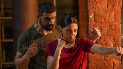 Sharvari Wagh and John Abraham in a still from Vedaa. Sharvari Wagh and John Abraham in a still from Vedaa.