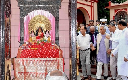 Dhaka: Bangladesh's Chief Adviser Muhammad Yunus with Hindu community members at the famous Dhakeshwari Temple in Dhaka, Tuesday, Aug. 13, 2024. (PTI)
