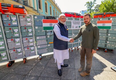 Prime Minister Narendra Modi with Ukrainian President Volodymyr Zelensky during presentation of BHISHM cube to Ukraine, in Kyiv, Friday. (PTI Photo)