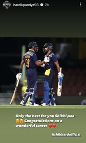 Hardik Pandya wished Shikhar Dhawan after the latter's retirement (Instagram) Hardik Pandya wished Shikhar Dhawan after the latter's retirement (Instagram)