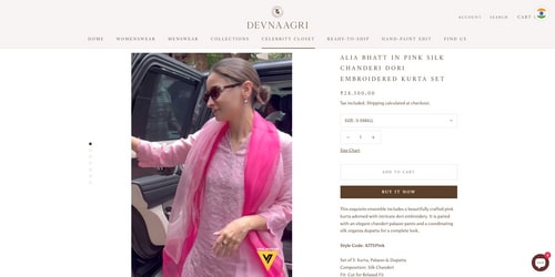The price of Alia Bhatt's Chanderi silk kurta set. (devnaagri.com)