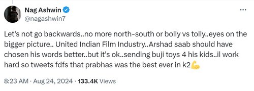 Nag Ashwin tweeted about Arshad Warsi's remark.