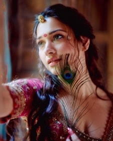 Traditional Janmashtami look with decorative bindis and mang tika. (Tamannaah Bhatia/Instagram)