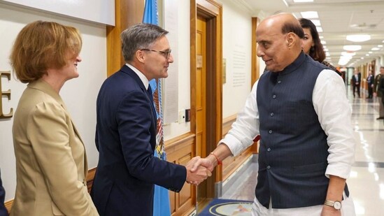 Union Defence Minister Rajnath Singh with members of the US delegation after a bilateral meeting in Washington on Friday. (PTI)