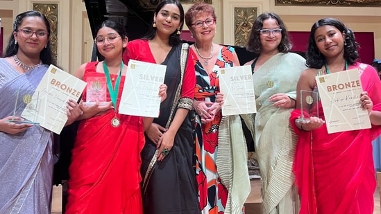 Pratibha Kadu, Vanshi Mudaliar, Ira Shinde and Alabhya Kamble won at the Venice International Arts Festival 2024. HT Photo
