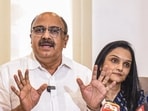 AMMA general secretary Siddique with actors Jomol and Ananya addressed the media on the Justice Hema Committee report, in Kochi, Friday (PTI Photo)