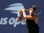 Carlos Alcaraz of Spain practices ahead of the 2024 US Open. Carlos Alcaraz of Spain practices ahead of the 2024 US Open.