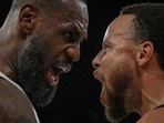 Paris 2024 Olympics - Basketball - Men's Semifinal - United States vs Serbia - Bercy Arena, Paris, France - August 08, 2024. Lebron James of United States and Stephen Curry of United States celebrate after the match. 