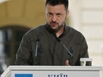 Ukraine's President Volodymyr Zelensky gestures as he speaks to media in Kyiv on August 24.