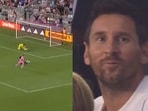 Lionel Messi reacts to Luis Suarez' brace. Lionel Messi reacts to Luis Suarez' brace.