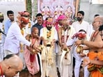 Telangana Chief Minister Revanth Reddy lays the foundation stone of Harekrishna Heritage Tower, in Hyderabad on Sunday. Telangana Chief Minister Revanth Reddy lays the foundation stone of Harekrishna Heritage Tower, in Hyderabad on Sunday.