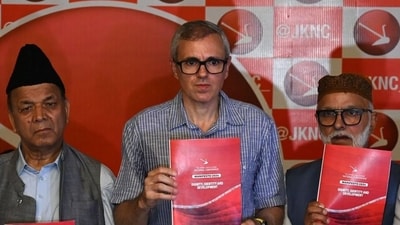 NC vice-president Omar Abdullah releasing the party’s manifesto for the J&K assembly polls. (Waseem Andrabi/HT) (HT_PRINT) NC vice-president Omar Abdullah releasing the party’s manifesto for the J&K assembly polls. (Waseem Andrabi/HT) (HT_PRINT)