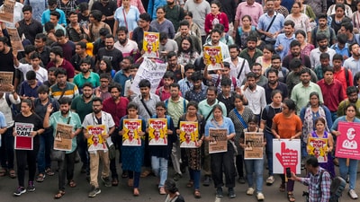 Kolkata: Doctors raise slogans during a protest rally over the recent alleged rape and murder of a trainee doctor at the RG Kar Medical College and Hospital, in Kolkata, Wednesday, Aug. 21, 2024. (PTI) Kolkata: Doctors raise slogans during a protest rally over the recent alleged rape and murder of a trainee doctor at the RG Kar Medical College and Hospital, in Kolkata, Wednesday, Aug. 21, 2024. (PTI)