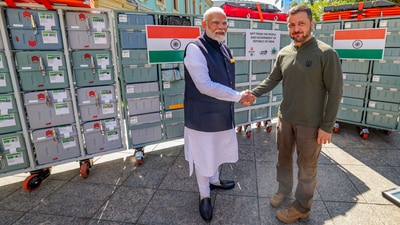 Prime Minister Narendra Modi with Ukrainian President Volodymyr Zelensky during presentation of BHISHM cube to Ukraine, in Kyiv, Friday. (PTI Photo)