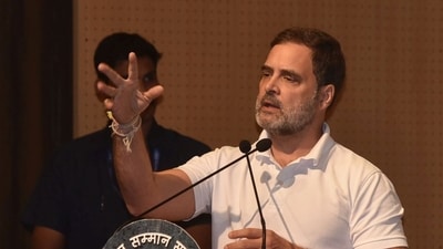 Rahul Gandhi addressing the Samvidhan Samman Sammelan at AMA auditorium in Prayagraj on Saturday. (HT) Rahul Gandhi addressing the Samvidhan Samman Sammelan at AMA auditorium in Prayagraj on Saturday. (HT)