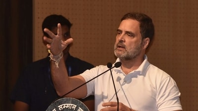 Rahul Gandhi addressing the Samvidhan Samman Sammelan at AMA auditorium in Prayagraj on Saturday. (HT)