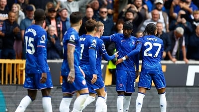 Chelsea's Noni Madueke celebrates scoring their third goal with teammates. (Reuters)