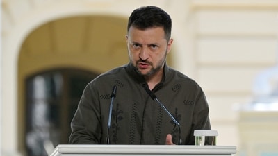Ukraine's President Volodymyr Zelensky gestures as he speaks to media in Kyiv on August 24. (AFP) Ukraine's President Volodymyr Zelensky gestures as he speaks to media in Kyiv on August 24. (AFP)