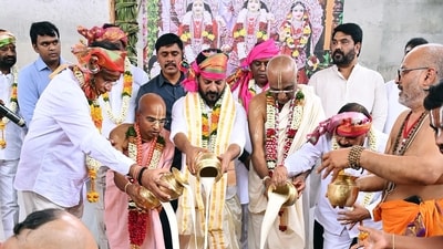 Telangana Chief Minister Revanth Reddy lays the foundation stone of Harekrishna Heritage Tower, in Hyderabad on Sunday. (ANI) Telangana Chief Minister Revanth Reddy lays the foundation stone of Harekrishna Heritage Tower, in Hyderabad on Sunday. (ANI)