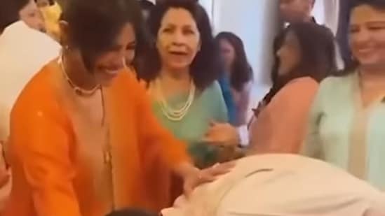 Priyanka was a doting sister at the festivities, and was also seen blessing the couple as they touched her feet.