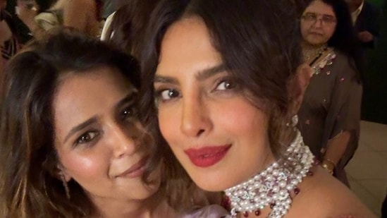 Priyanka Chopra attended the festivities in a shimmery pink chiffon saree with a strapless matching blouse.&nbsp;