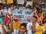 Doctors and nursing staff participate in a huge mass rally near RG Kar Medical College and Hospital protesting against rape and murder of a trainee doctor.