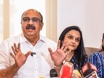 File photo of Siddique with actors Jomol and Ananya addressing the media on the Justice Hema Committee report, in Kochi on August 23, 2024.