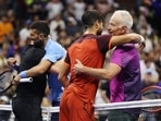 Novak Djokovic, Carlos Alcaraz, John McEnroe, Andre Agassi in an exhibition match. Novak Djokovic, Carlos Alcaraz, John McEnroe, Andre Agassi in an exhibition match.