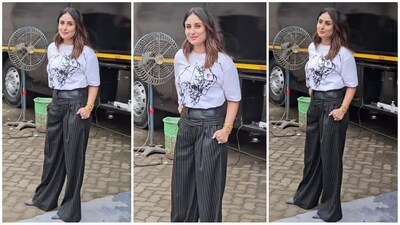 Kareena Kapoor’s latest look proves how to elevate a white t-shirt to a chic ensemble. She sported a white shirt with bold black abstract prints, tucked into striped black, loose-fitting pants for a glam finish. With this outfit, Kareena shows she can perfect any style with effortless flair. (Instagram) Kareena Kapoor’s latest look proves how to elevate a white t-shirt to a chic ensemble. She sported a white shirt with bold black abstract prints, tucked into striped black, loose-fitting pants for a glam finish. With this outfit, Kareena shows she can perfect any style with effortless flair. (Instagram)