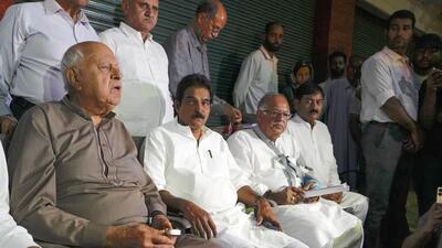 AICC general secretary KC Venugopal with National Conference chief Farooq Abdullah during a joint press conference of JKPCC and National Conference after a meeting, in Srinagar, on Monday. (PTI)