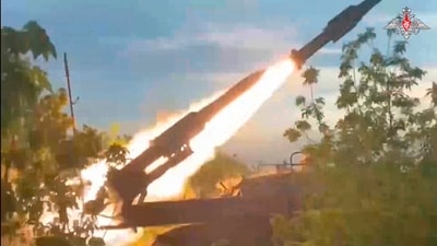 In this photo taken from video released by the Russian Defense Ministry on Sunday, Aug. 25, 2024, a Russian Army Buk-2M self-propelled, medium-range surface-to-air missile system fires at air targets in an undisclosed location in Ukraine. (AP) In this photo taken from video released by the Russian Defense Ministry on Sunday, Aug. 25, 2024, a Russian Army Buk-2M self-propelled, medium-range surface-to-air missile system fires at air targets in an undisclosed location in Ukraine. (AP)