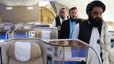 Afghan Taliban Envoy to the United Arab Emirates Badruddin Haqqani, far right, walks through an Emirates A380's business class on display at the Dubai Air Show in Dubai, United Arab Emirates, Nov. 13, 2023. (AP Photo/Jon Gambrell, file) Afghan Taliban Envoy to the United Arab Emirates Badruddin Haqqani, far right, walks through an Emirates A380's business class on display at the Dubai Air Show in Dubai, United Arab Emirates, Nov. 13, 2023. (AP Photo/Jon Gambrell, file)