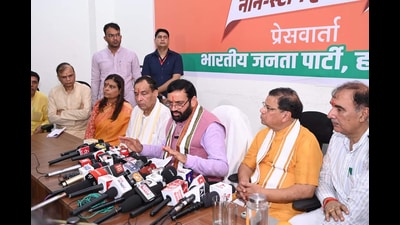 After inaugurating the BJP election office in Rohtak, the chief minister said that the way people elected Prime Minister Narendra Modi for the third term, the voters in Haryana will also help the BJP government in making hat-trick in the upcoming assembly polls. (HT Photo) After inaugurating the BJP election office in Rohtak, the chief minister said that the way people elected Prime Minister Narendra Modi for the third term, the voters in Haryana will also help the BJP government in making hat-trick in the upcoming assembly polls. (HT Photo)
