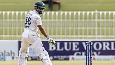 Babar Azam was clean bowled during the fifth and final day of the first Test cricket match between Pakistan and Bangladesh at the Rawalpindi Cricket Stadium in Rawalpindi. (AFP) Babar Azam was clean bowled during the fifth and final day of the first Test cricket match between Pakistan and Bangladesh at the Rawalpindi Cricket Stadium in Rawalpindi. (AFP)