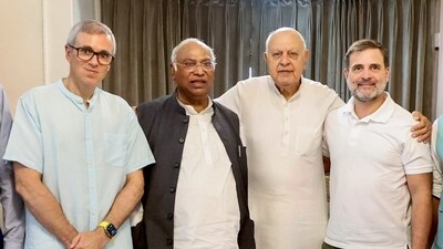 Congress president Mallikarjun Kharge and Leader of Opposition in Lok Sabha Rahul Gandhi with National Conference president Farooq Abdullah and party vice president Omar Abdullah. (ANI file) Congress president Mallikarjun Kharge and Leader of Opposition in Lok Sabha Rahul Gandhi with National Conference president Farooq Abdullah and party vice president Omar Abdullah. (ANI file)